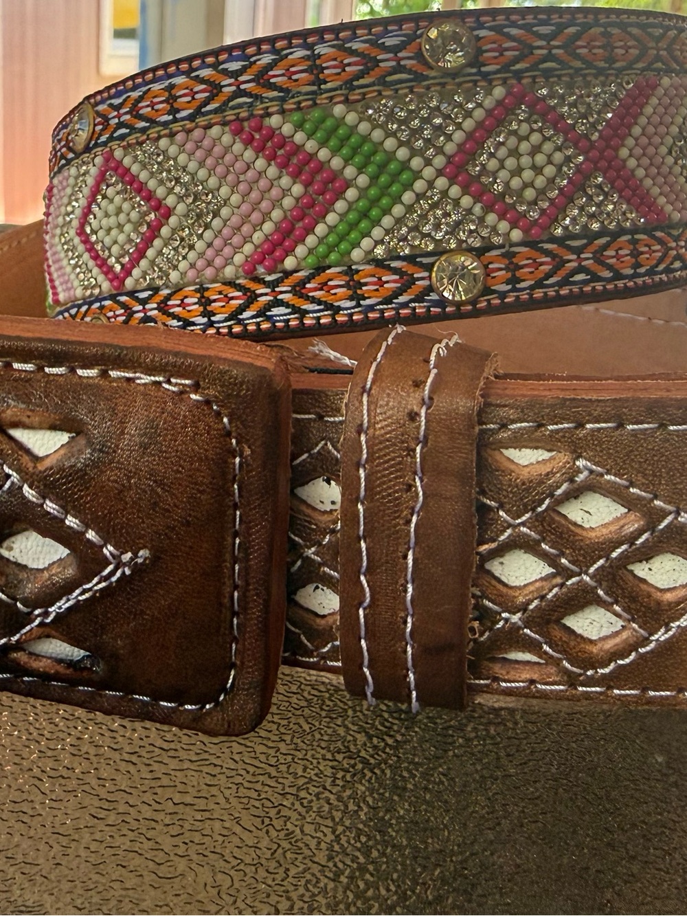 Handcrafted Brown Leather Men’s Belt with Multicolor Beaded Accent